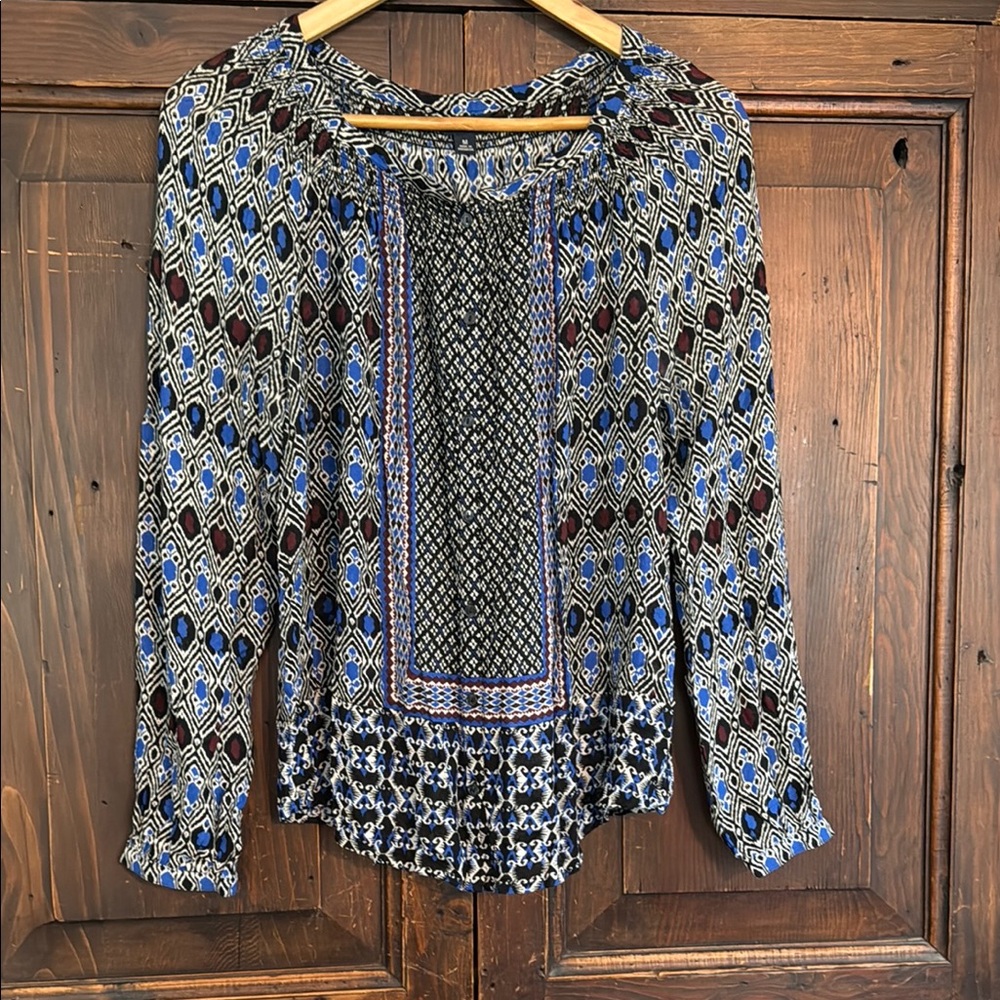 Lucky Brand Blue and Brown Ruffled Relaxed Blouse